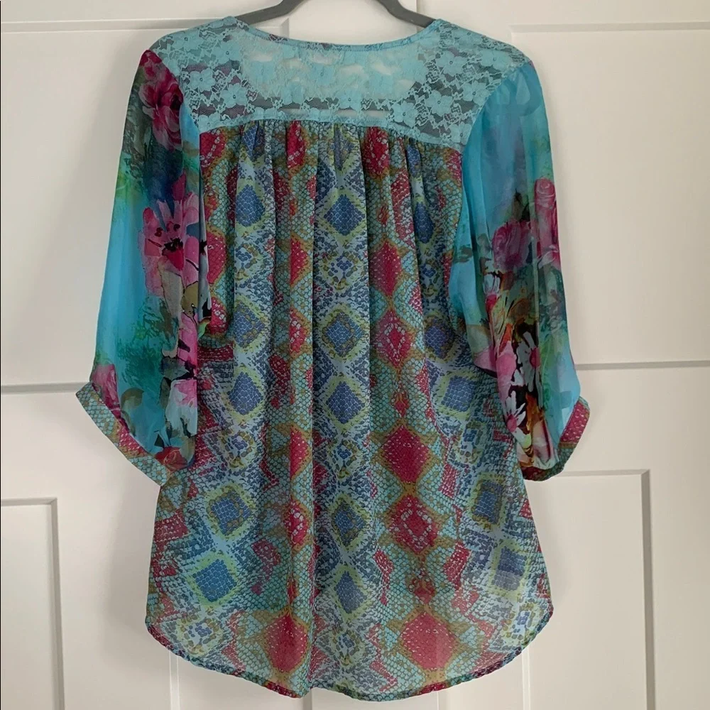 {Dress Barn} Vibrant Floral Sheer Blue & Pink